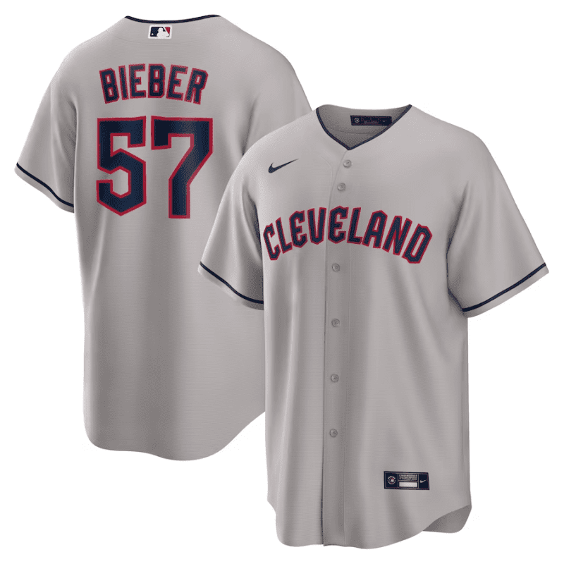 shane bieber 57 cleveland guardians road men jersey gray