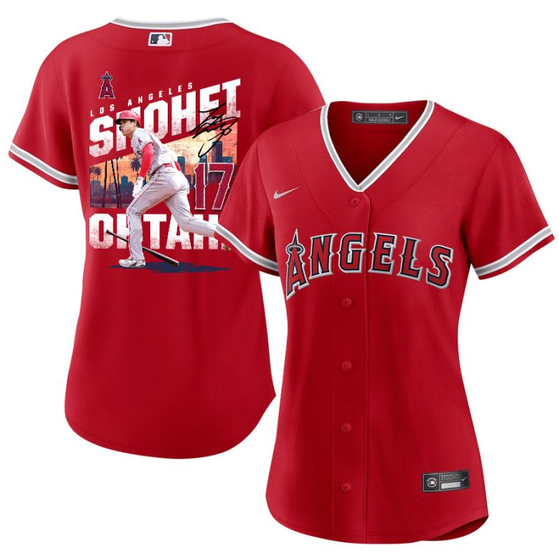 shohei ohtani 17 los angeles angels signed city 2023 alternate player women jersey red