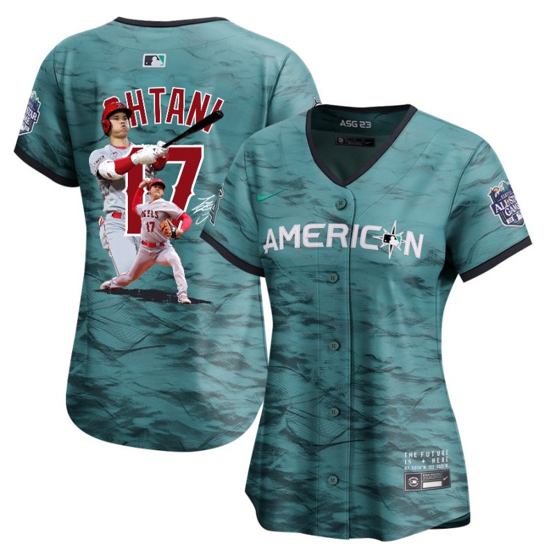 shohei ohtani 17 los angeles angels signed decisive blow 2023 all star game limited player women jersey teal