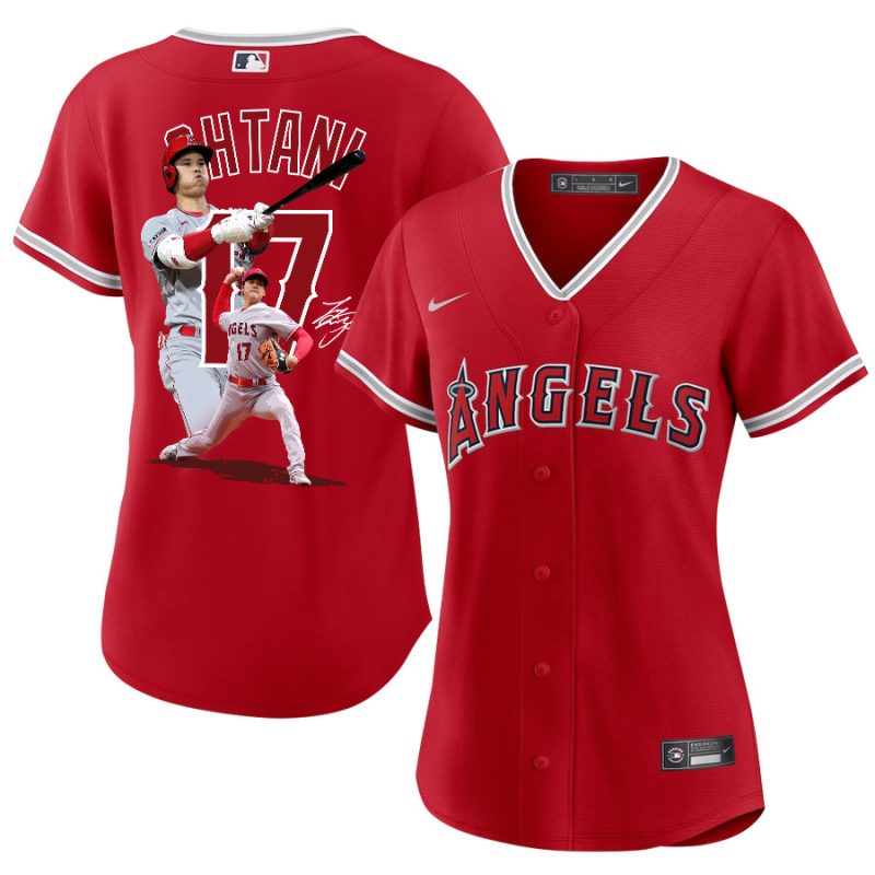 shohei ohtani 17 los angeles angels signed decisive blow 2023 alternate women jersey red