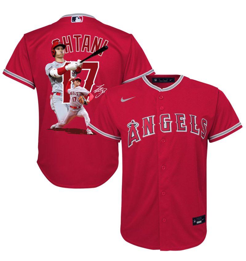 shohei ohtani 17 los angeles angels signed decisive blow 2023 alternate youth jersey red scaled