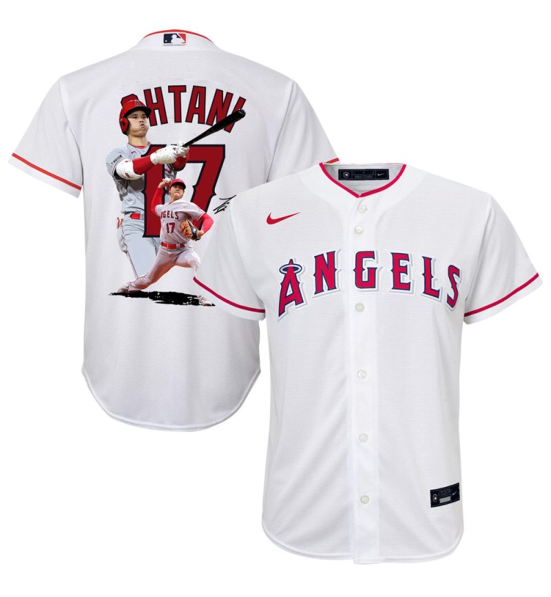 shohei ohtani 17 los angeles angels signed decisive blow 2023 home youth jersey white scaled