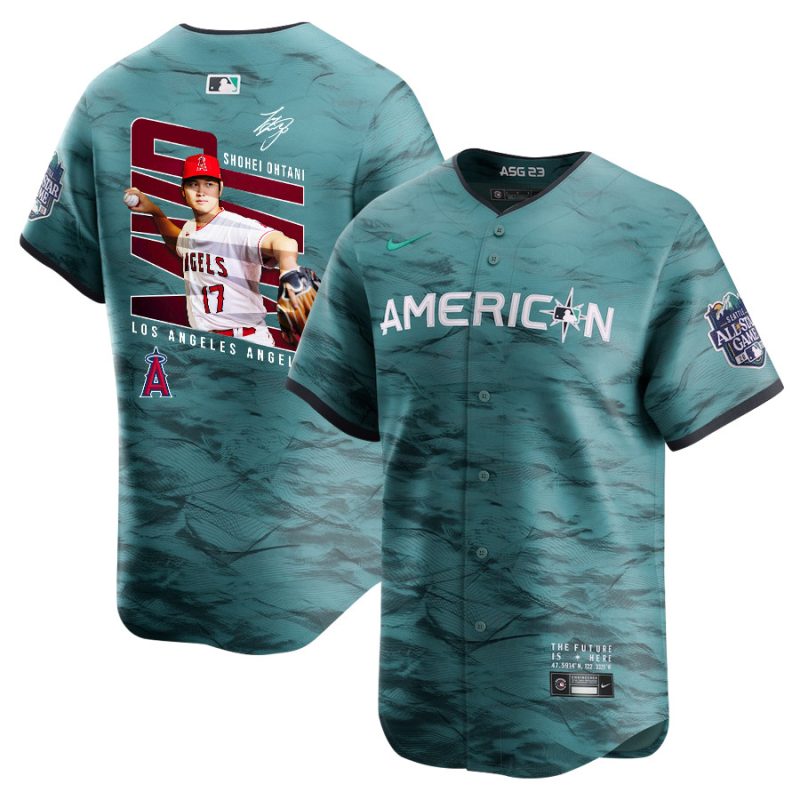 shohei ohtani 17 los angeles angels signed logo 2023 all star game limited player men jersey teal