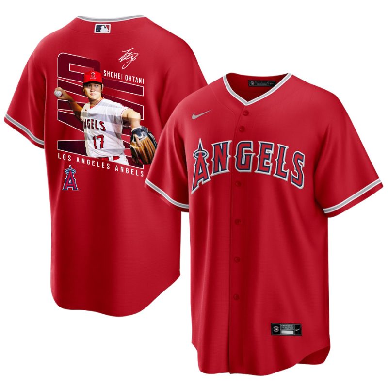 shohei ohtani 17 los angeles angels signed logo 2023 alternate player men jersey red