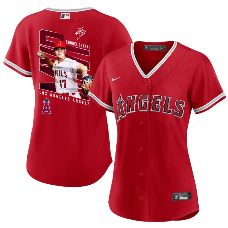 shohei ohtani 17 los angeles angels signed logo 2023 alternate player women jersey red