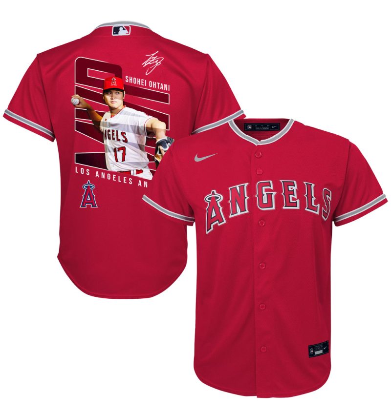 shohei ohtani 17 los angeles angels signed logo 2023 alternate player youth jersey red scaled