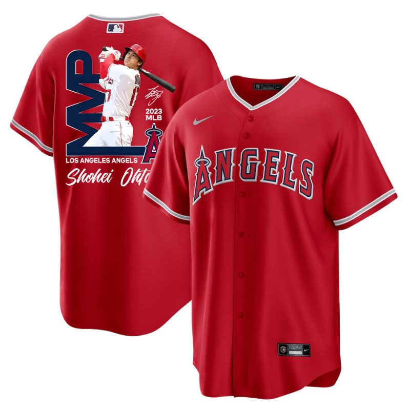 shohei ohtani 17 los angeles angels signed mvp 2023 alternate player men jersey red