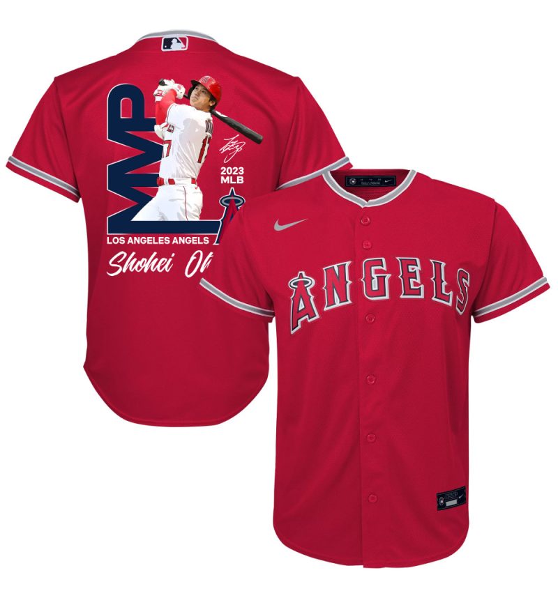 shohei ohtani 17 los angeles angels signed mvp 2023 alternate player youth jersey red scaled