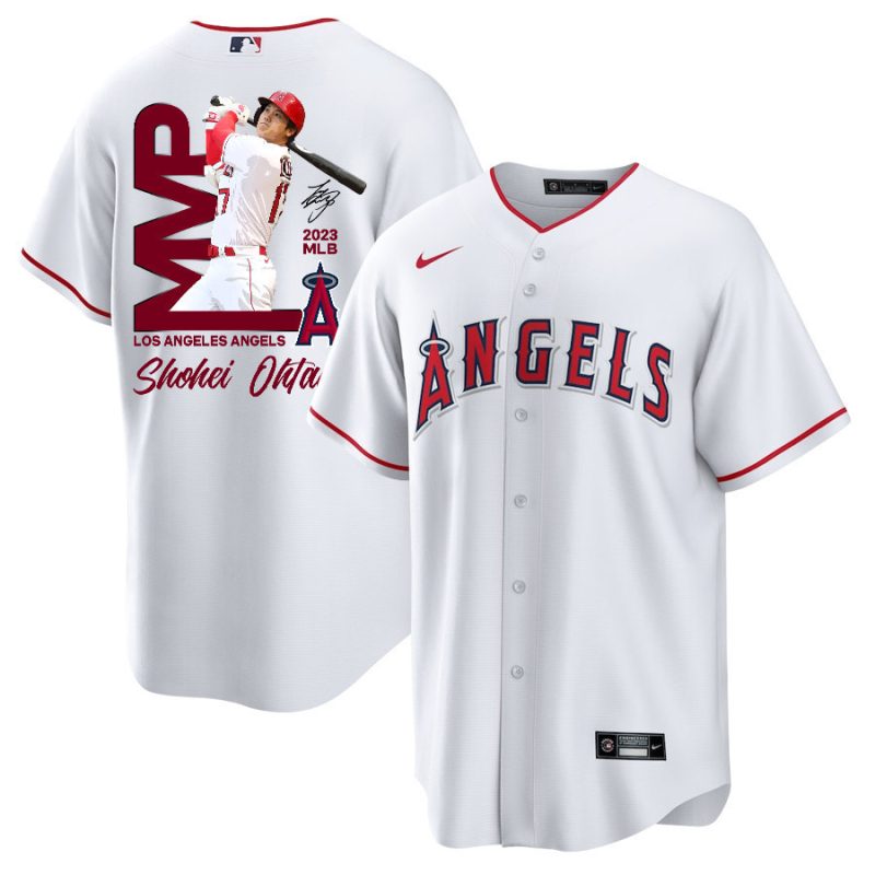 shohei ohtani 17 los angeles angels signed mvp 2023 home player men jersey white