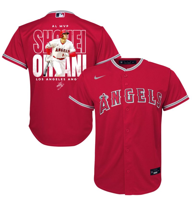 shohei ohtani 17 los angeles angels signed name 2023 alternate player youth jersey red scaled