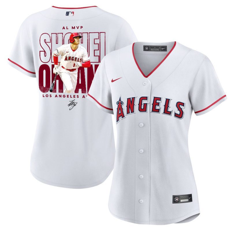 shohei ohtani 17 los angeles angels signed name 2023 home player women jersey white