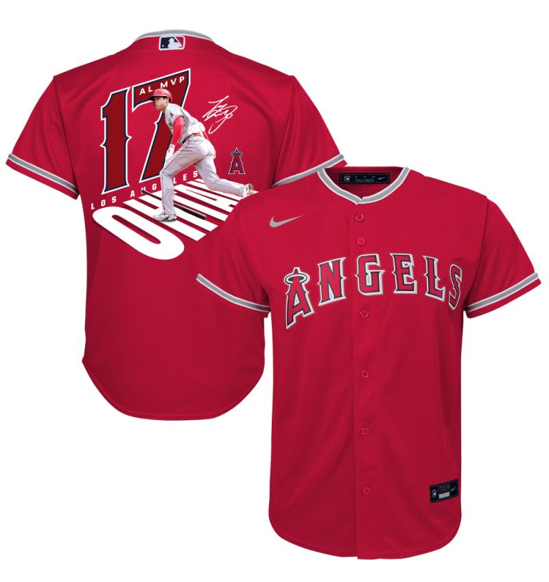 shohei ohtani 17 los angeles angels signed number 2023 alternate player youth jersey red scaled