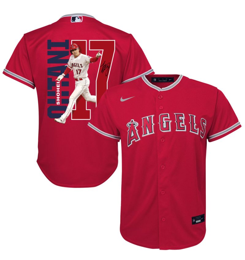 shohei ohtani 17 los angeles angels signed run 2023 alternate player youth jersey red scaled