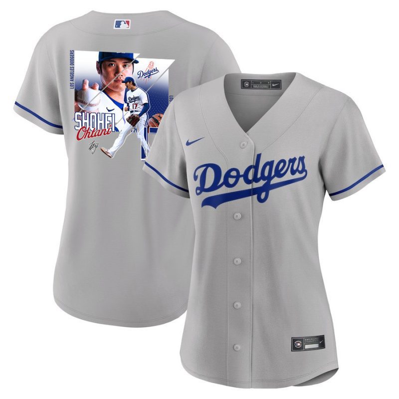 shohei ohtani 17 los angeles dodgers signed greatest sho on earth 2023 road women jersey gray