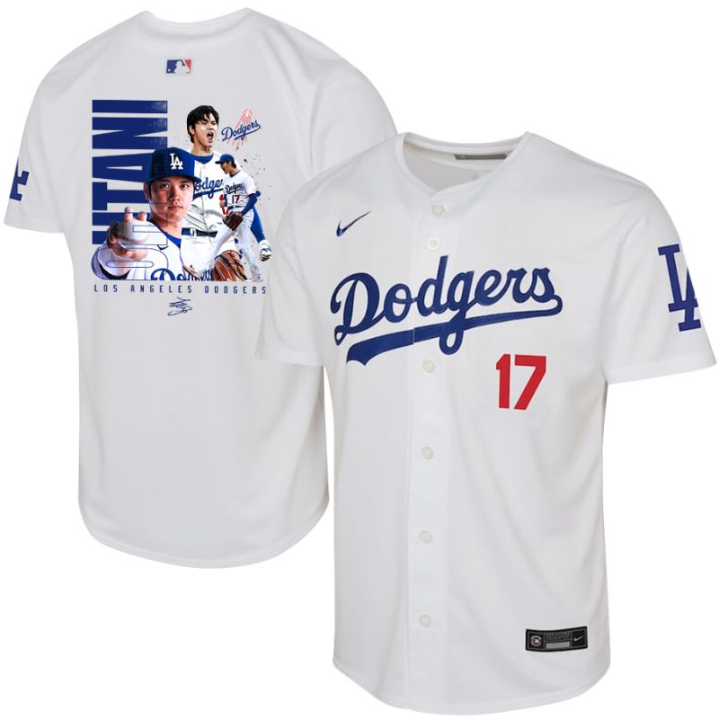 shohei ohtani 17 los angeles dodgers signed name 2023 youth home jersey white