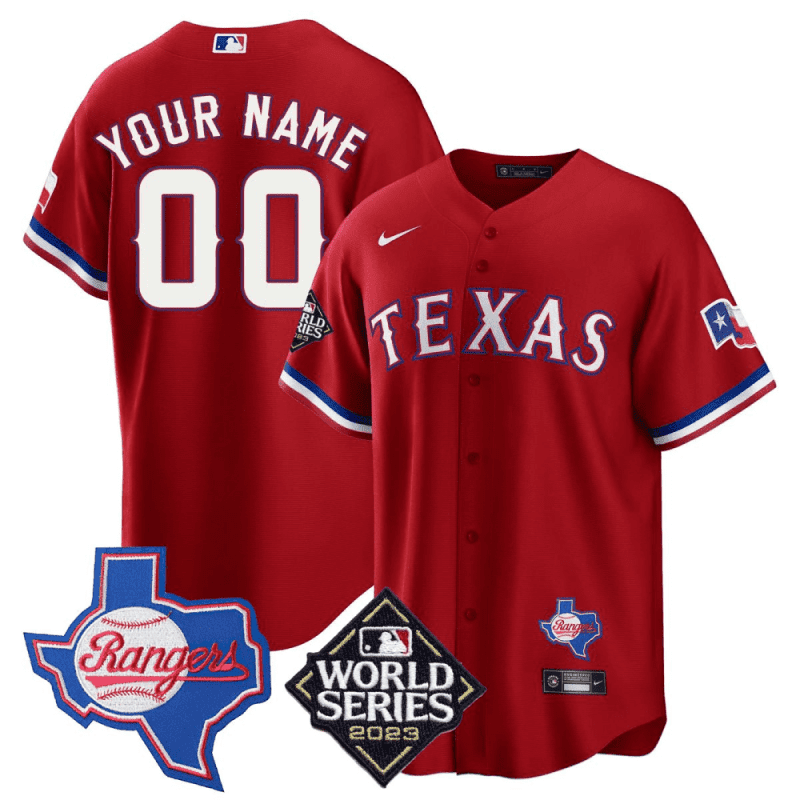 texas rangers 2023 world series texas state patch men custom jersey red