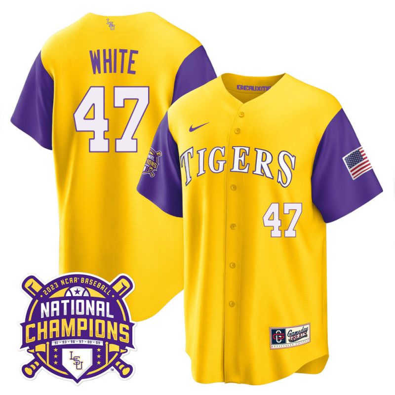 tommy white 47 lsu tigers 2023 color sleeves champions baseball men jersey gold sleeves