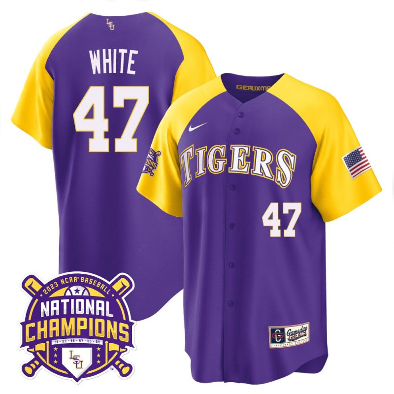 tommy white 47 lsu tigers 2023 color sleeves champions baseball men jersey purple alternate