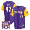 tommy white 47 lsu tigers 2023 color sleeves champions baseball men jersey purple sleeves