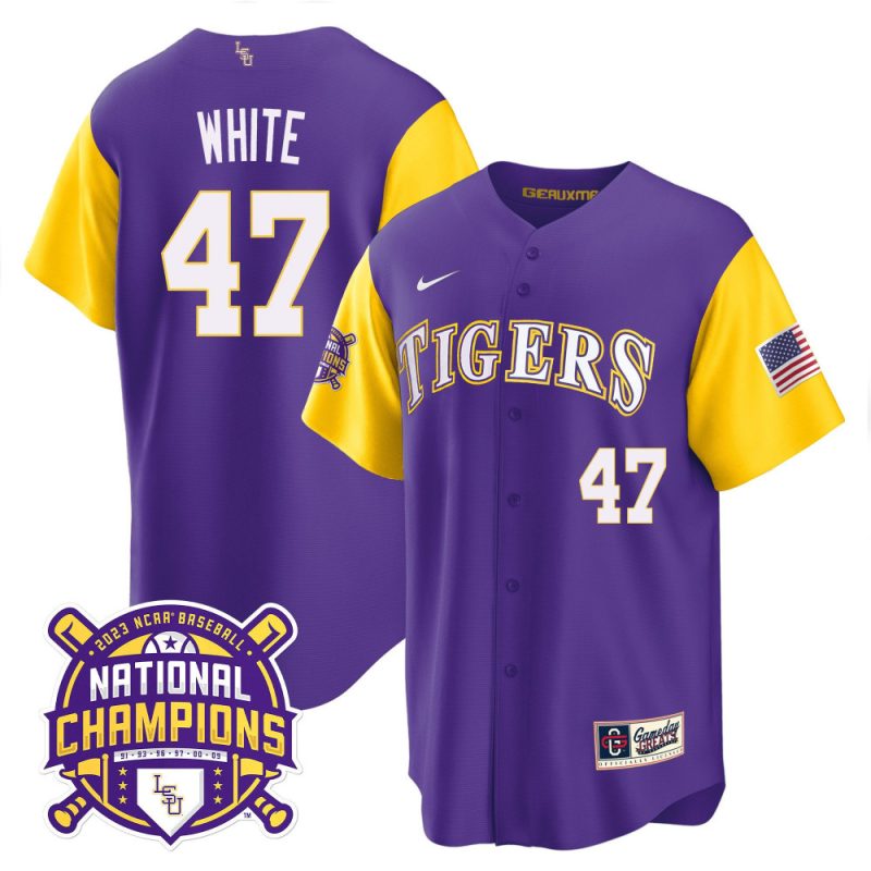 tommy white 47 lsu tigers 2023 color sleeves champions baseball men jersey purple sleeves