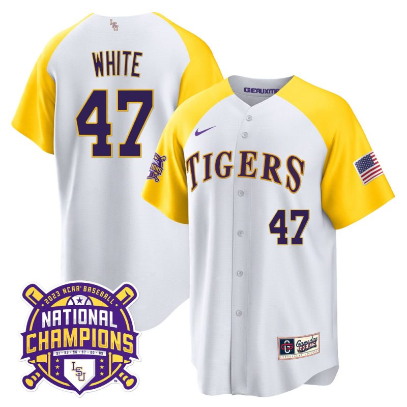 tommy white 47 lsu tigers 2023 color sleeves champions baseball men jersey white alternate