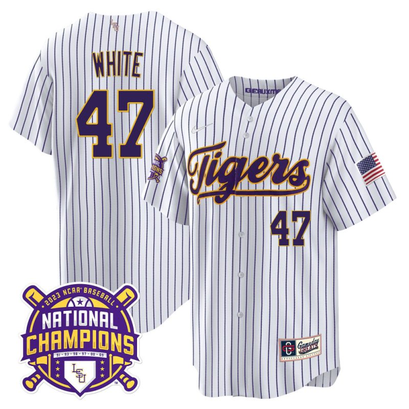 tommy white 47 lsu tigers 2023 national champions baseball men jersey pinstripe