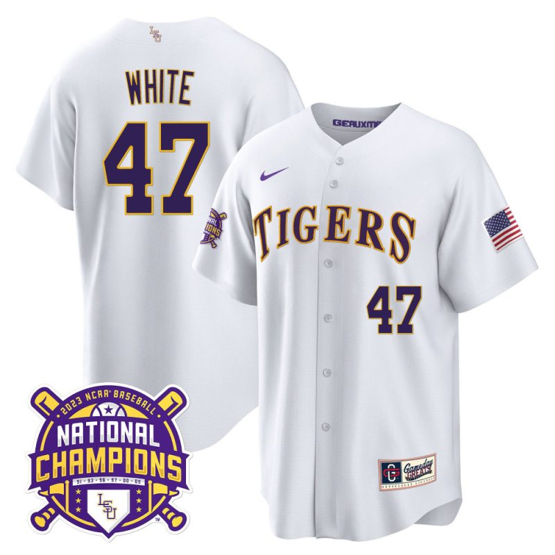 tommy white 47 lsu tigers 2023 national champions baseball men jersey white