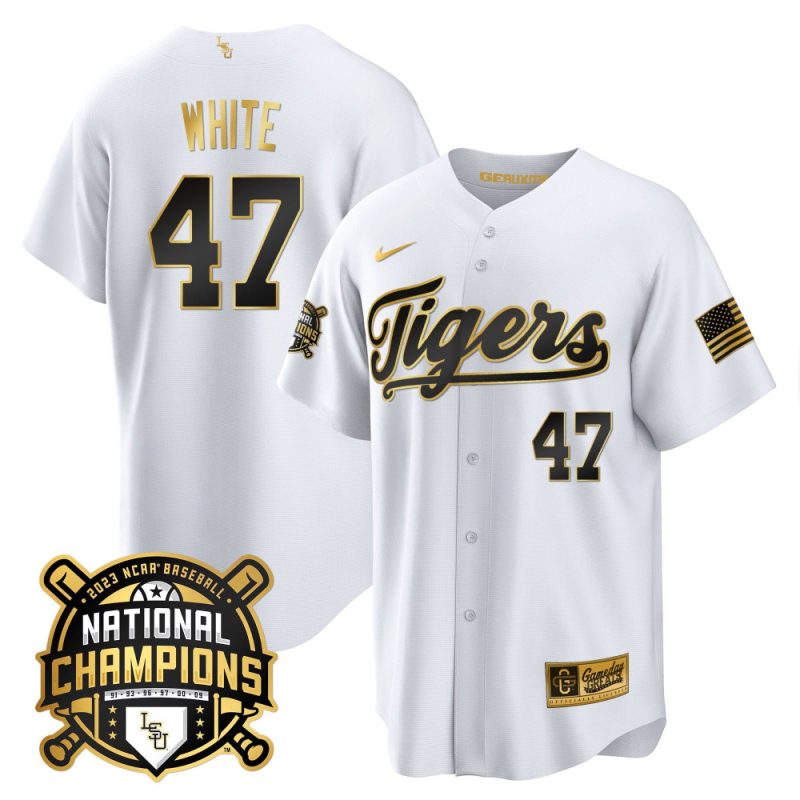 tommy white 47 lsu tigers 2023 national champions baseball men jersey white gold