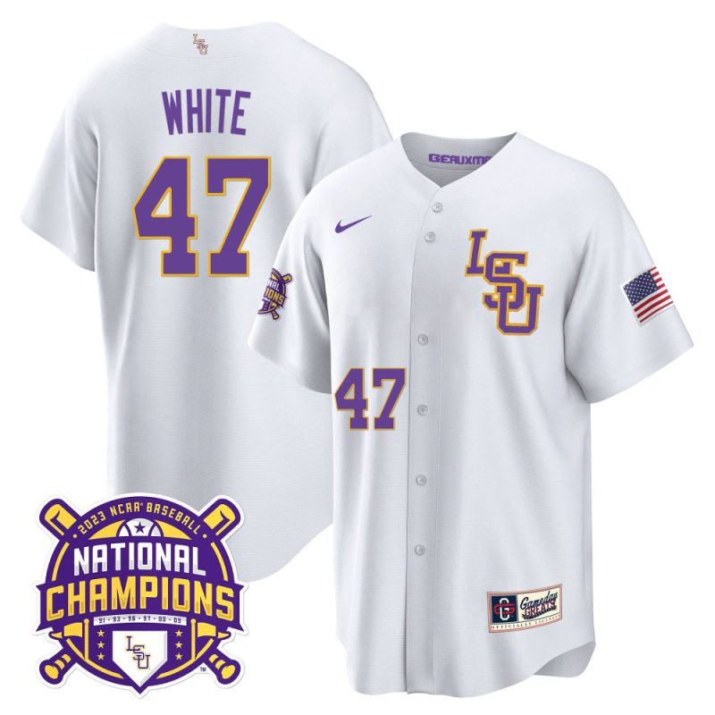 tommy white 47 lsu tigers 2023 national champions baseball men jersey white lsu