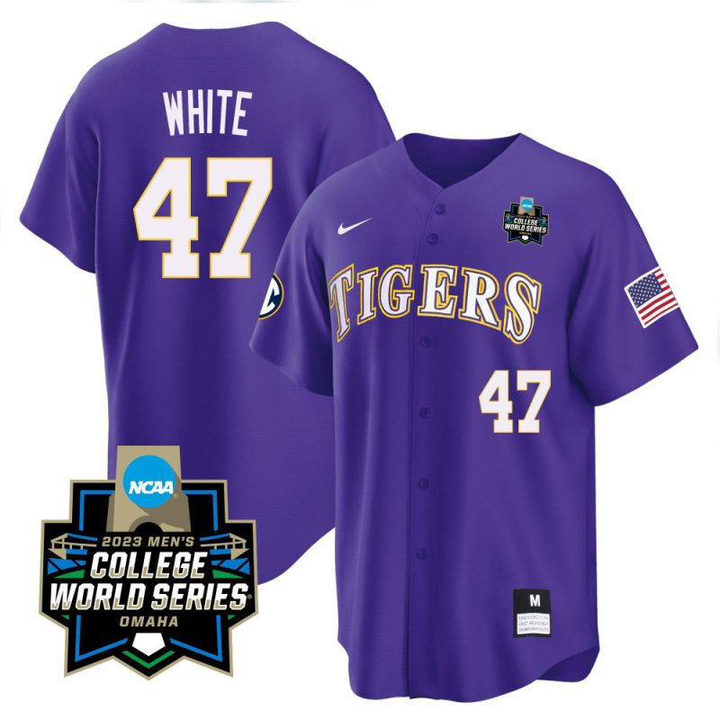 tommy white 47 lsu tigers college world series baseball men jersey purple