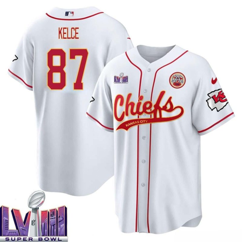 travis kelce 87 kansas city chiefs super bowl lviii baseball men jersey white