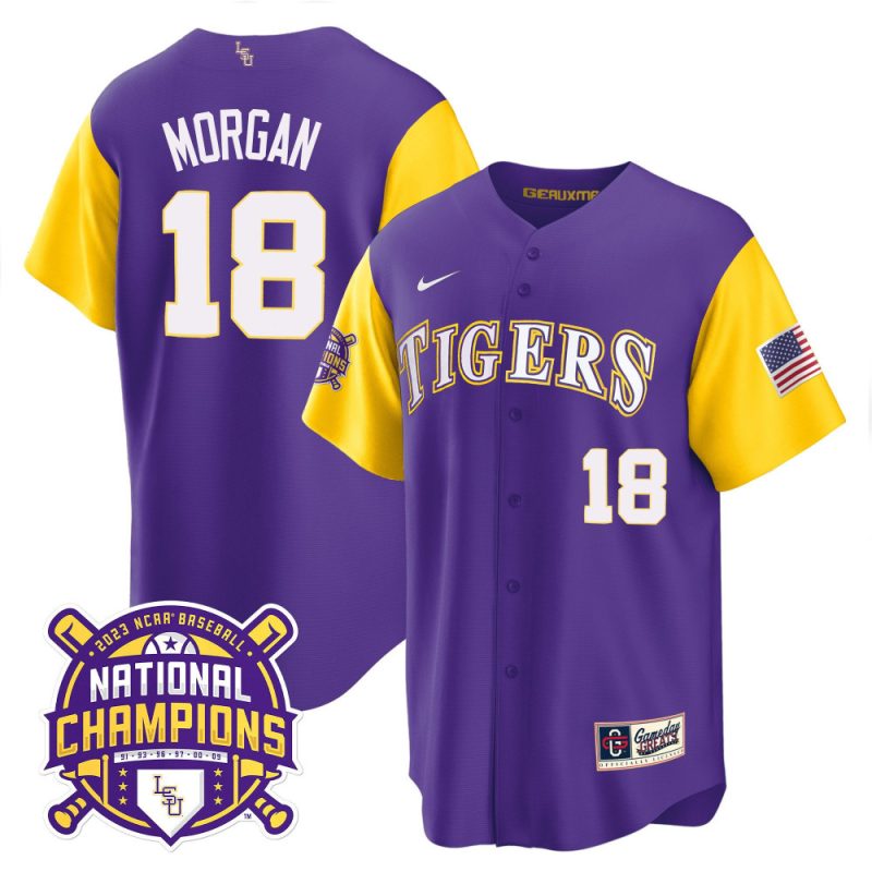 tre morgan 18 lsu tigers 2023 color sleeves champions baseball men jersey purple sleeves