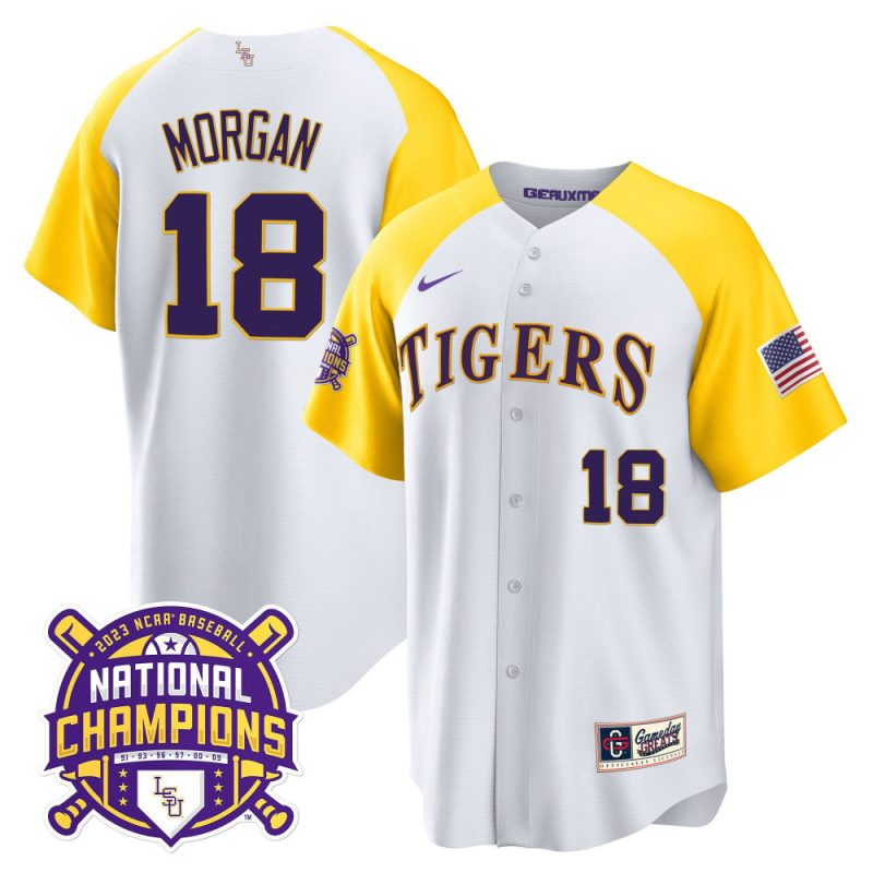 tre morgan 18 lsu tigers 2023 color sleeves champions baseball men jersey white alternate