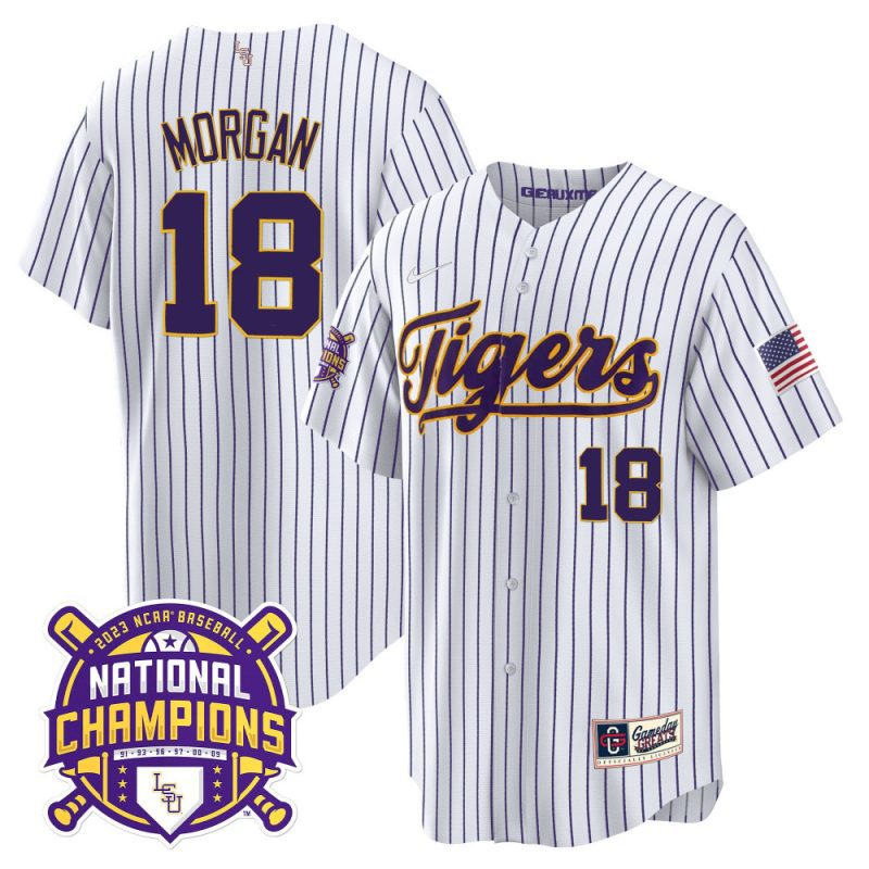 tre morgan 18 lsu tigers 2023 national champions baseball men jersey pinstripe