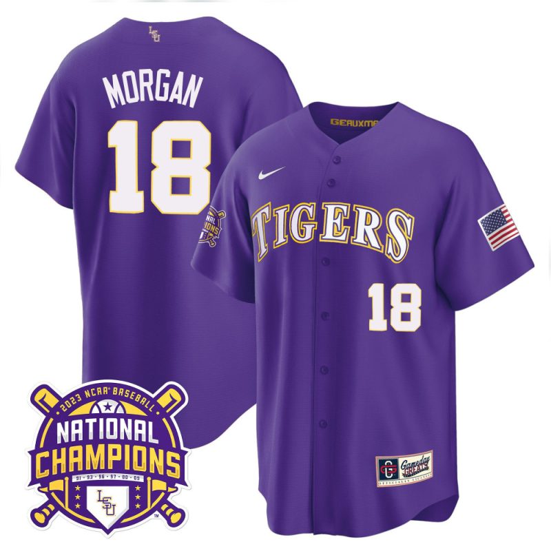 tre morgan 18 lsu tigers 2023 national champions baseball men jersey purple