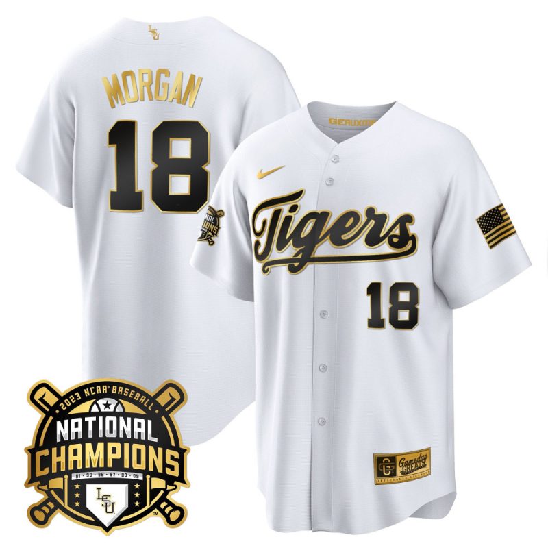 tre morgan 18 lsu tigers 2023 national champions baseball men jersey white gold