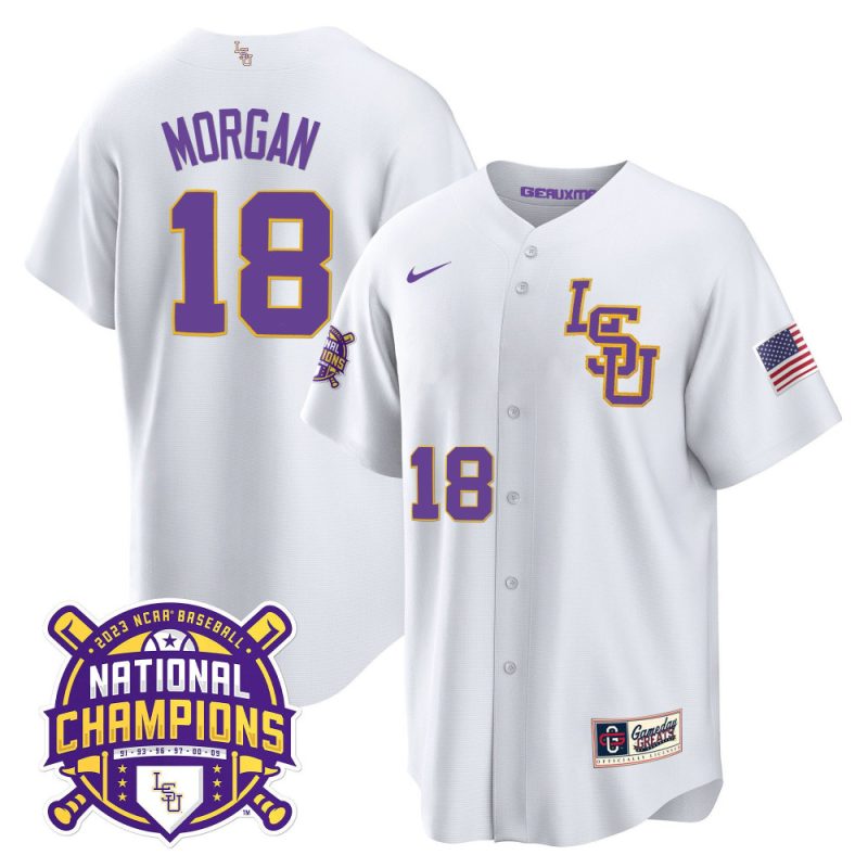 tre morgan 18 lsu tigers 2023 national champions baseball men jersey white lsu