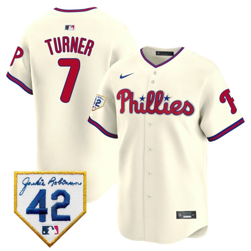 trea turner 7 philadelphia phillies 2024 jackie robinson patch men jersey cream