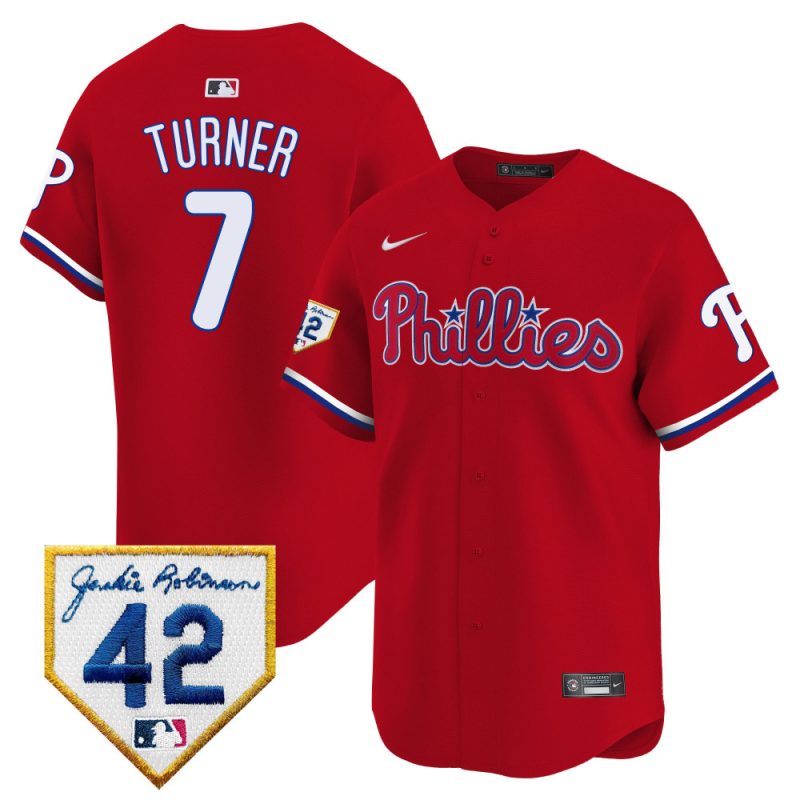 trea turner 7 philadelphia phillies 2024 jackie robinson patch men jersey red