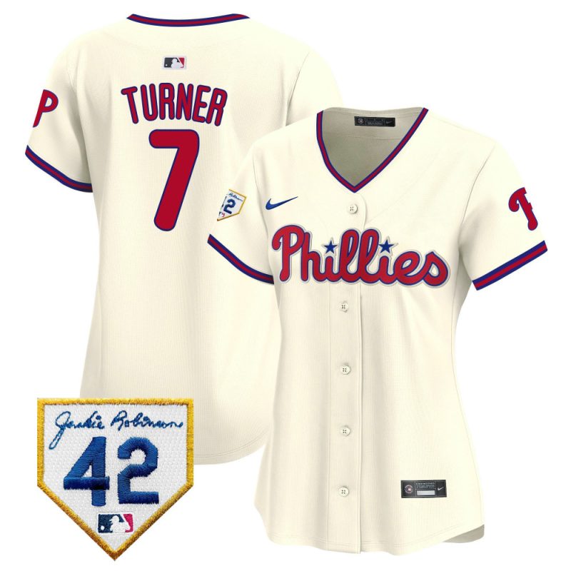 trea turner 7 philadelphia phillies 2024 jackie robinson patch women jersey cream