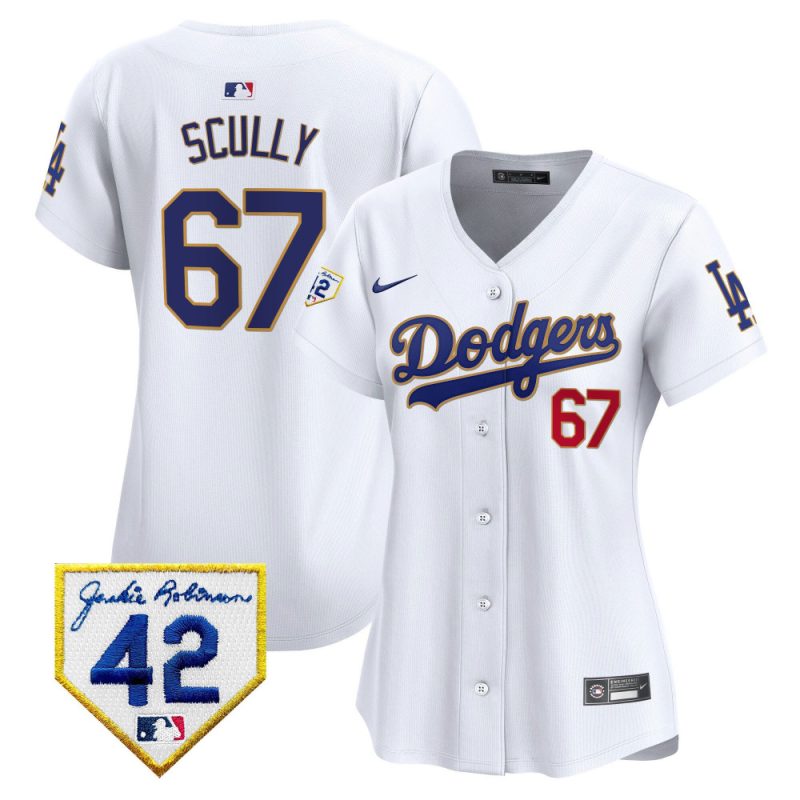 vin scully 67 los angeles dodgers 2024 jackie robinson patch women jersey white