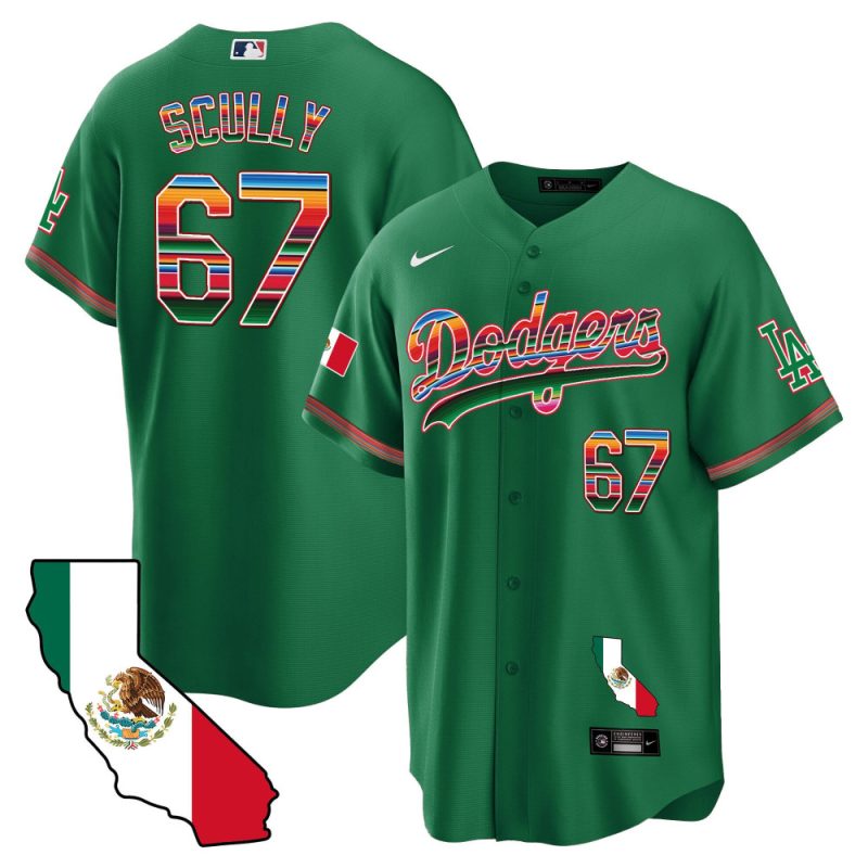 vin scully 67 los angeles dodgers mexico california map baseball men jersey green