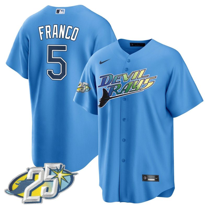 wander franco 5 tampa bay rays 25th anniversary patch men jersey light blue