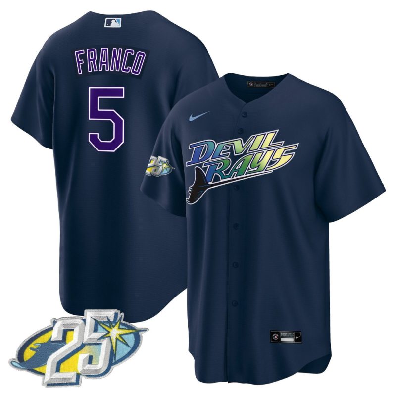 wander franco 5 tampa bay rays 25th anniversary patch men jersey navy