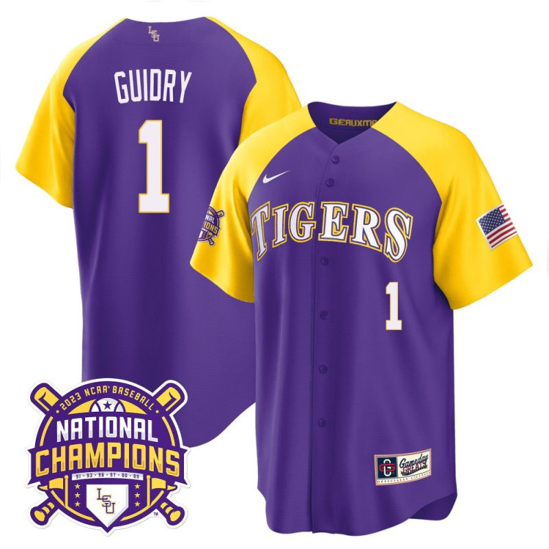 weylin guidry 1 lsu tigers 2023 color sleeves champions baseball men jersey purple alternate