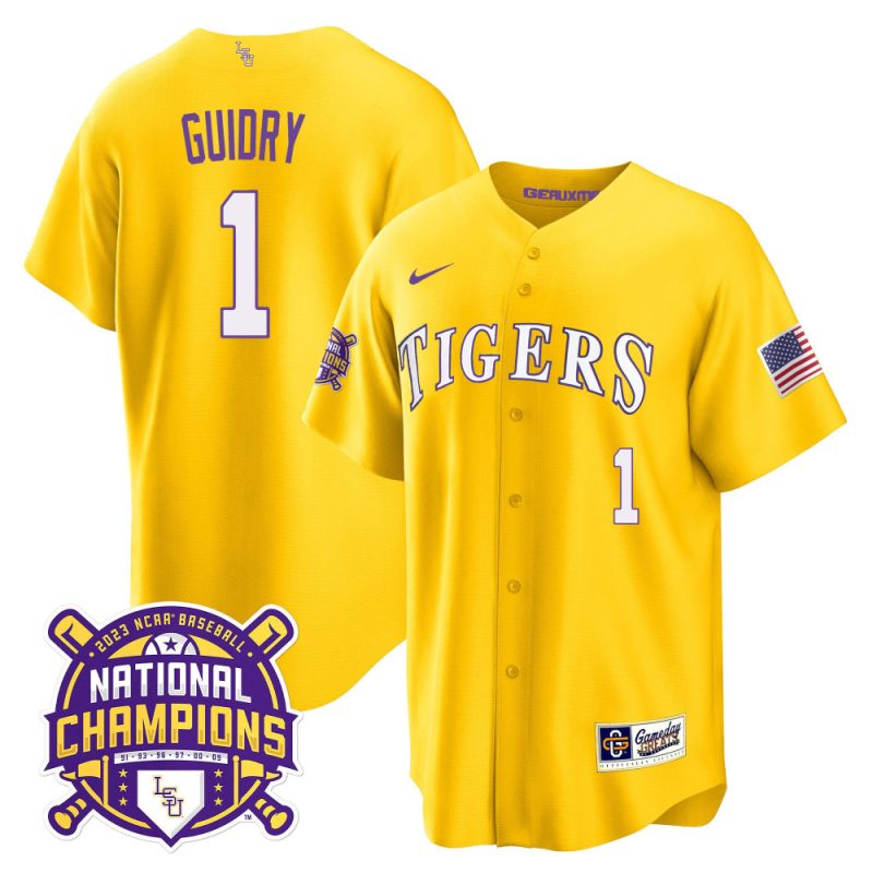 weylin guidry 1 lsu tigers 2023 national champions baseball men jersey gold