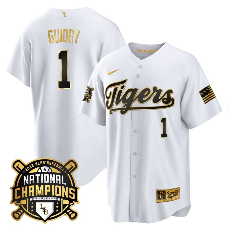 weylin guidry 1 lsu tigers 2023 national champions baseball men jersey white gold