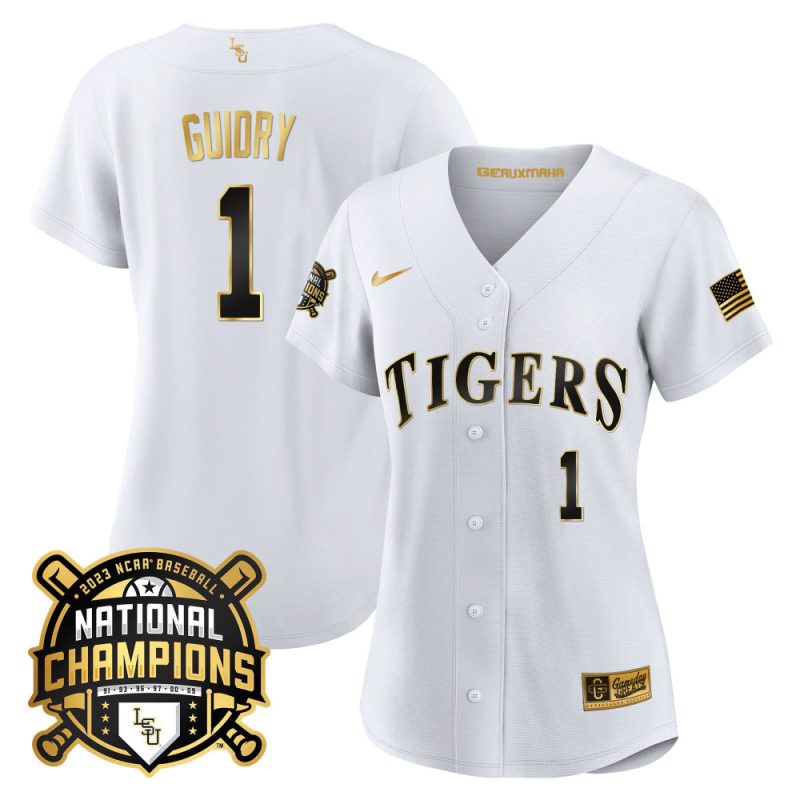 weylin guidry 1 lsu tigers 2023 national champions baseball women jersey white gold