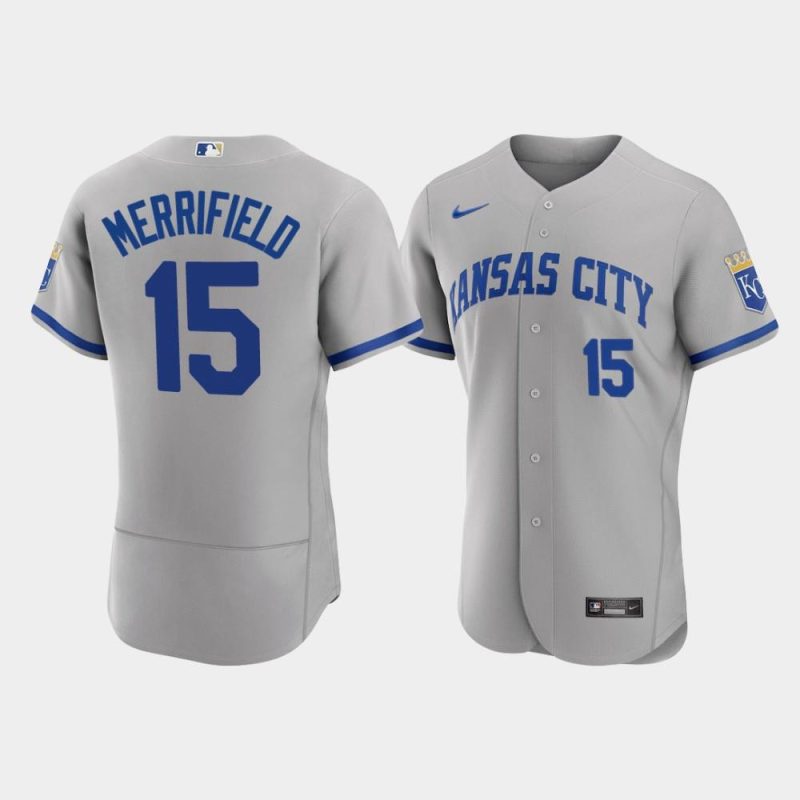 whit merrifield 15 kansas city royals mens 2022 road jersey gray jersey