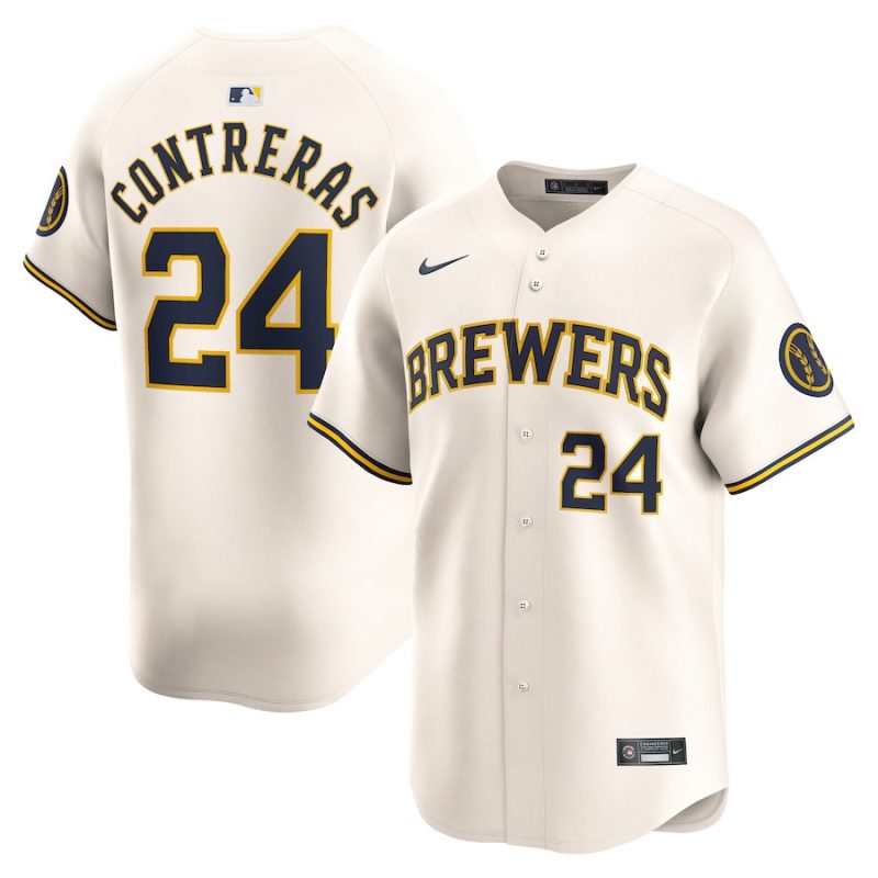 william contreras 24 milwaukee brewers home limited player men jersey cream